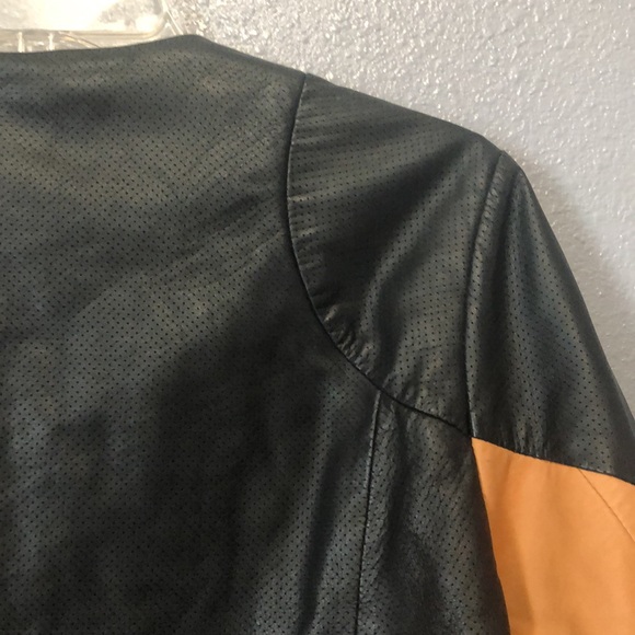 asos REAL Leather jacket Women's 12 camel brown black zip front crop coat EUC - Picture 12 of 16